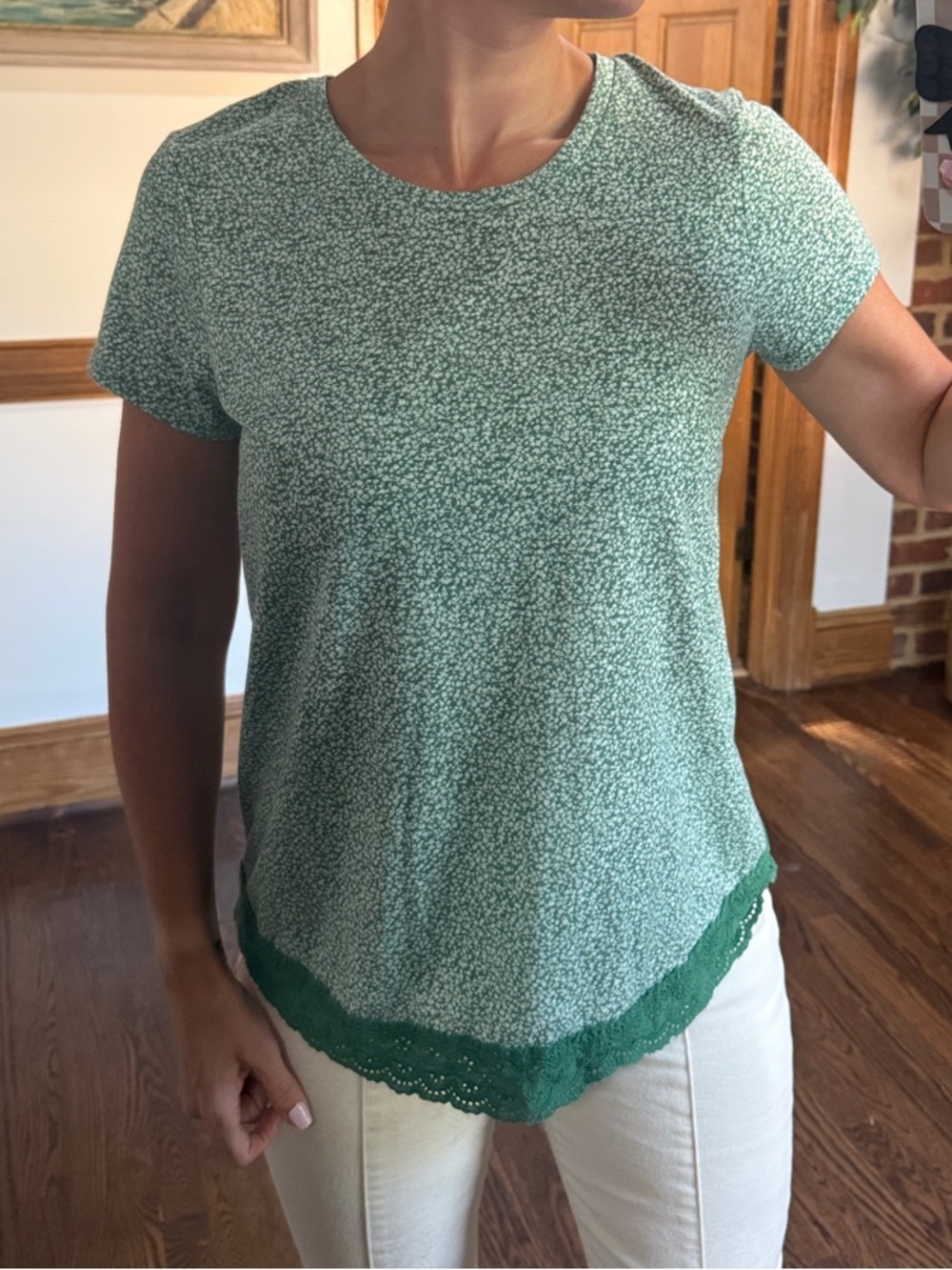 LC Lauren Conrad Mint Green Floral Tee with Dark Green Lace Hem